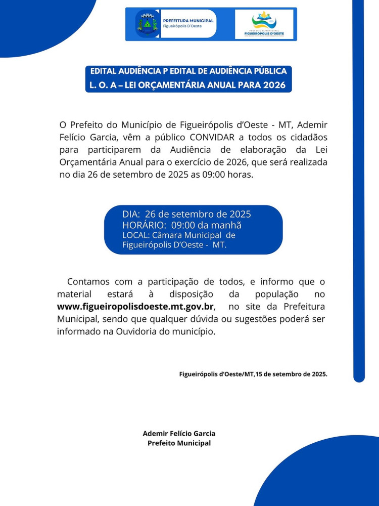 Audiência Pública: Elaboração da LOA 2026 — 26/09/2025 | Figueirópolis d’Oeste (MT)